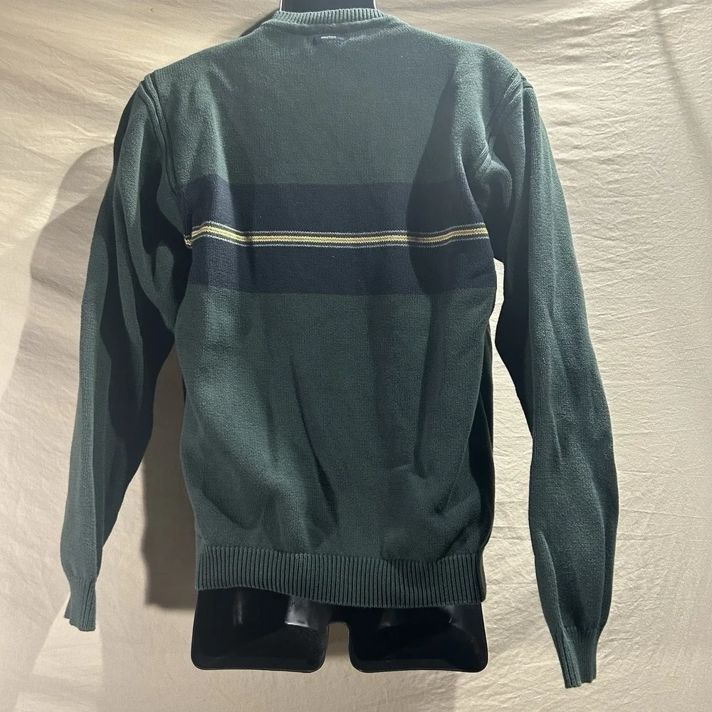 Nautica Men Medium Green Striped Crewneck Sweater Cotton J-Class Preppy Pullover